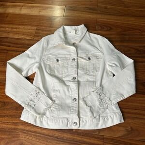 Skye's The Limit Womens White Denim Jacket Lace Crochet Cuff Frayed‎ Size Medium
